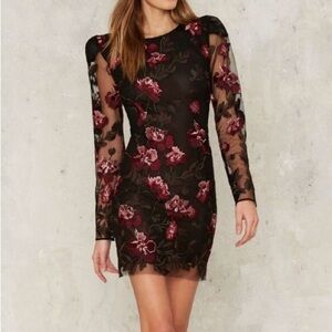 NASTY GAL Collection Floral Embroidered Mini Dress, Black, Bodycon, Size S, NEW